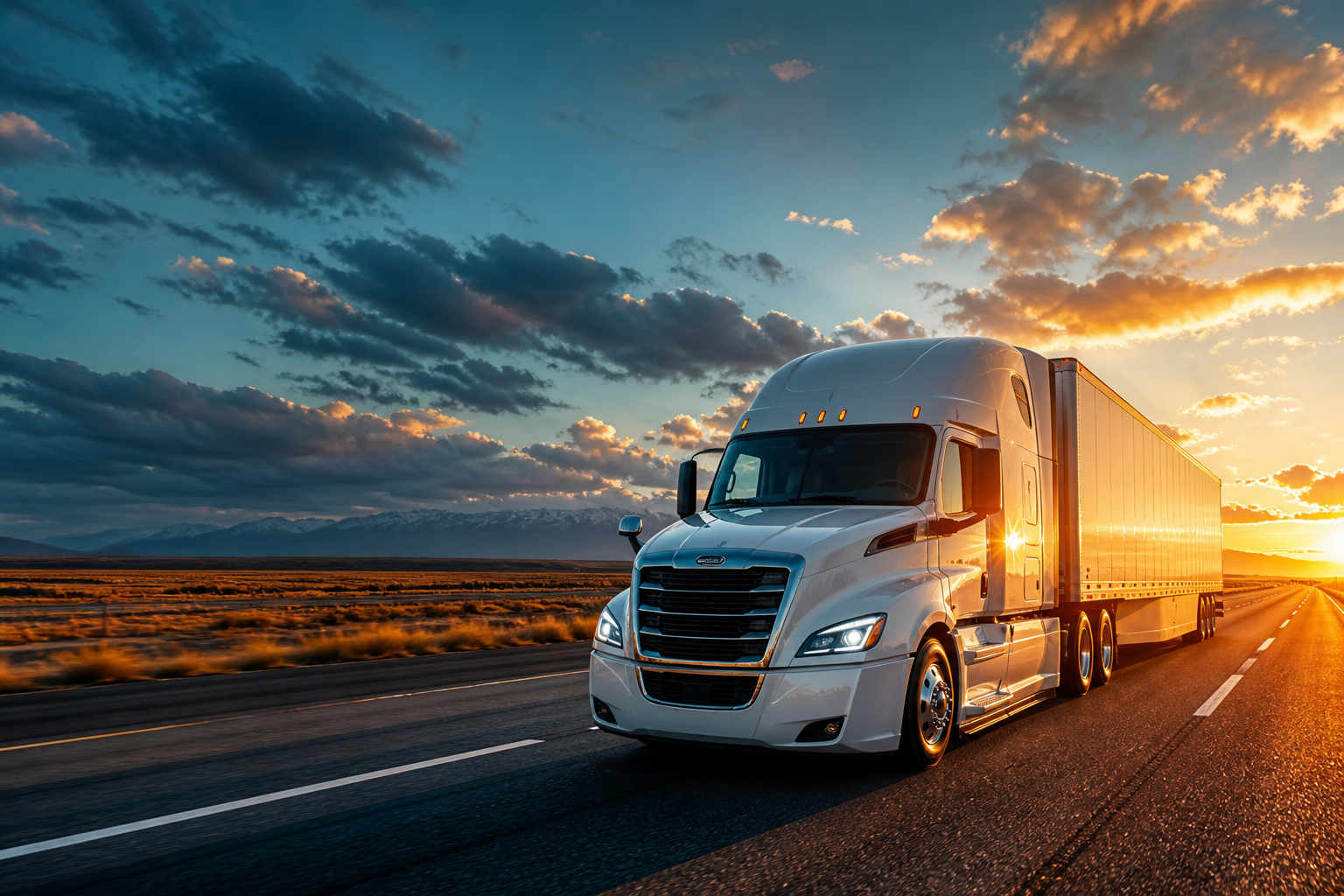 Daretrucky semi-truck on an open North American highway at sunset